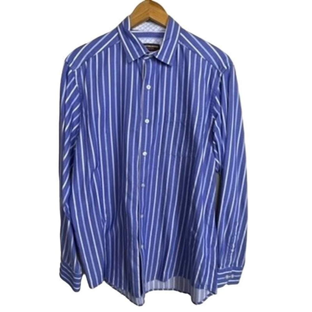 Johnston & Murphy Shirt Mens Large Blue White Stripe Cotton Herringbone L/S
